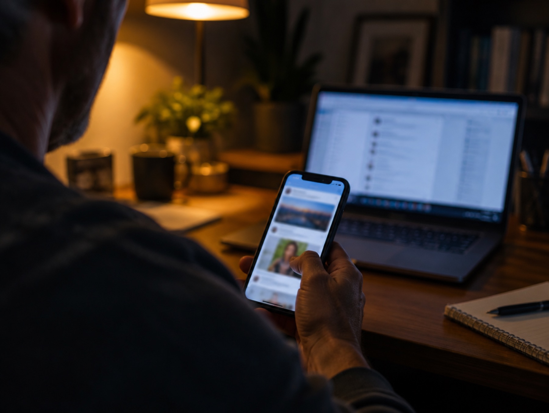 A business owner scrolling a social media feed late at night